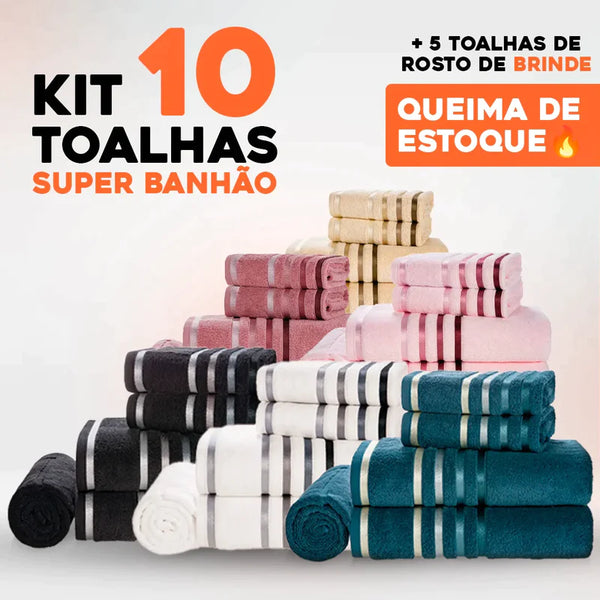 KIT 10 TOALHAS SUPER BANHÃO PREMIUM + 5 TOALHAS DE ROSTO DE BRINDE